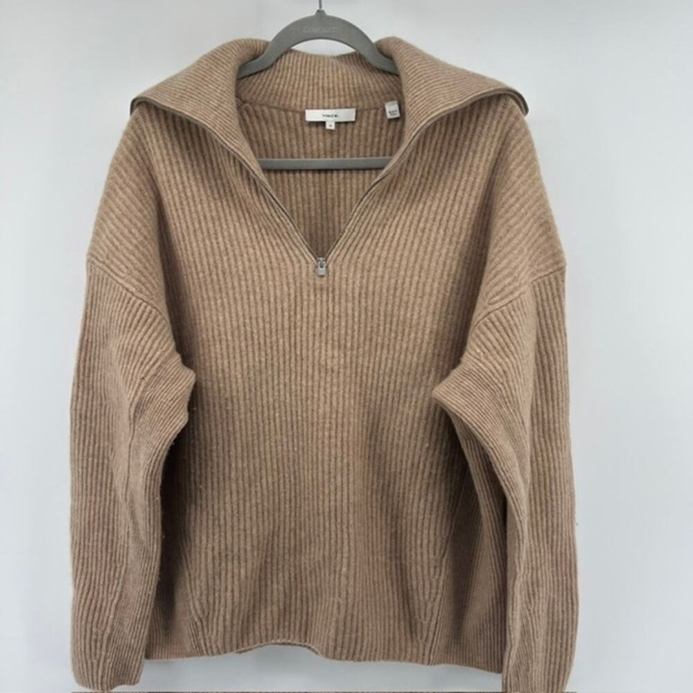 Vince Wool-Cashmere Half-Zip Ribbed Pullover Sweater Womens M Camel Brown Soft